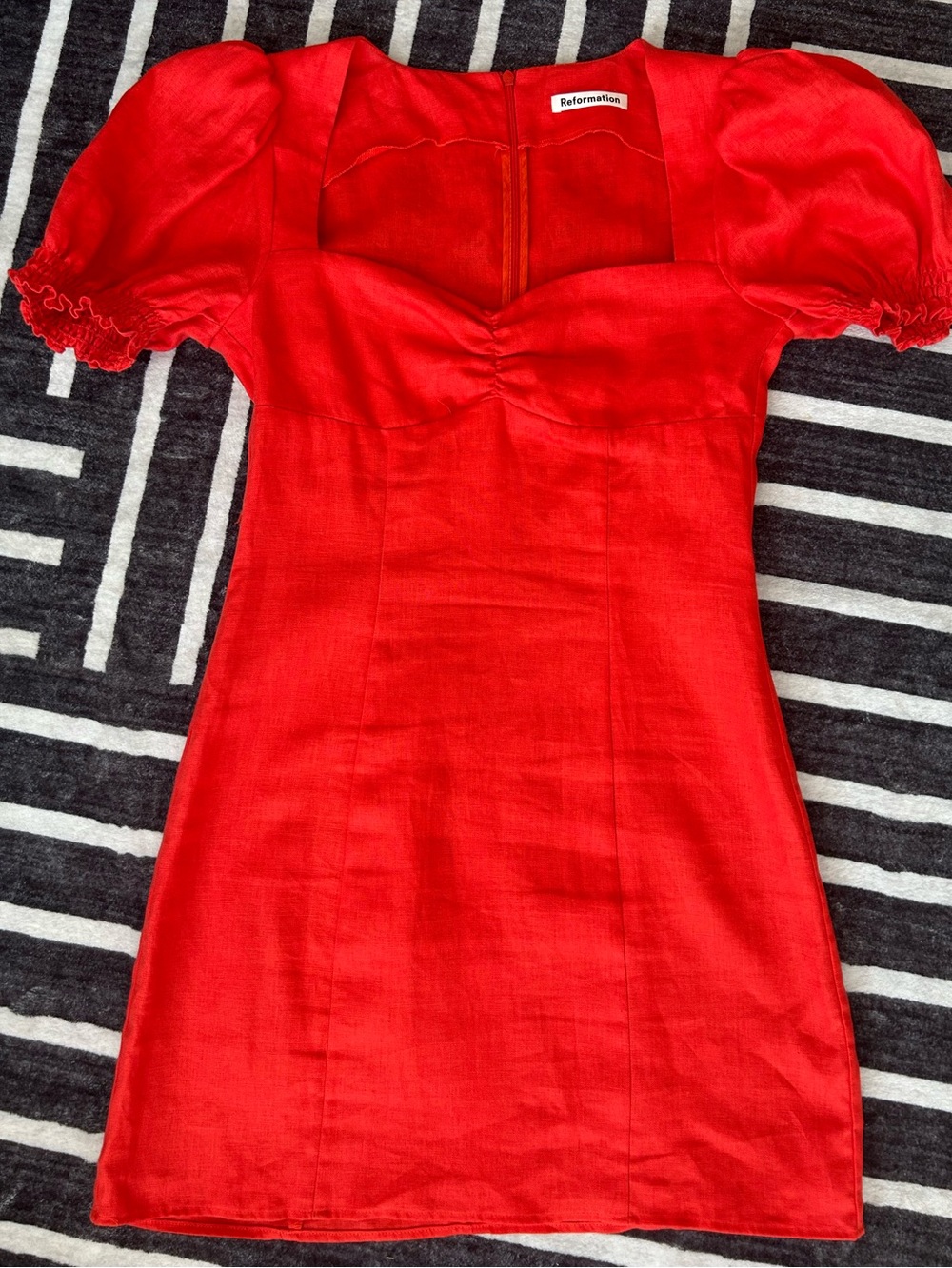 Reformation 100% Linen Red Puff-Sleeve Sweetheart Mini Dress Sz 6